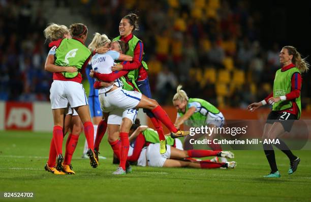 Fara Williams jumps up as the team celebrate the win after the UEFA Women's Euro 2017 match between England and France at Stadion De Adelaarshorst on...