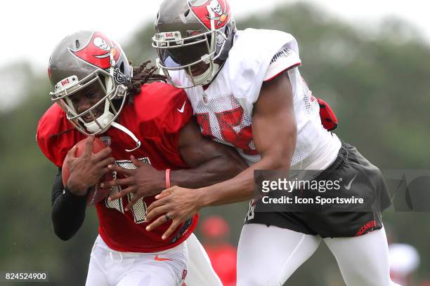 Donteea Dye Jr. Makes the catch as Robert McClain defends during the Tampa Bay Buccaneers Training Camp on July 30, 2017 at One Buccaneer Place in...