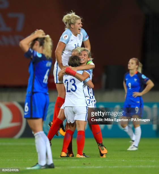 England's Millie Bright celebrates with team mates after the final whistle of the UEFA Women's Euro 2017 quarter final match at the Stadion De...