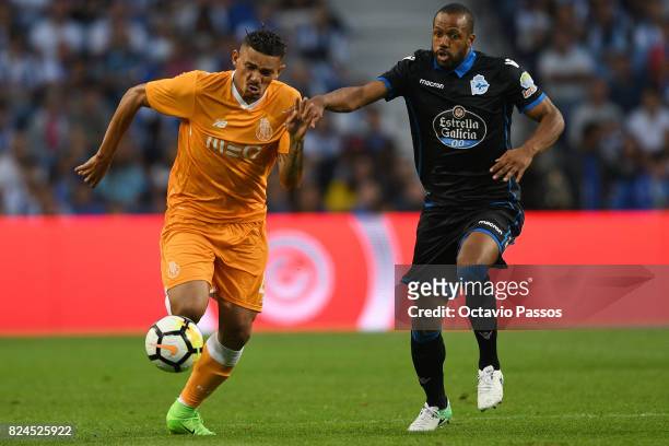 Soares of FC Porto competes for the ball with Sidnei of RC Deportivo La Coruna during the Pre-Season Friendly match between FC Porto and RC Deportivo...