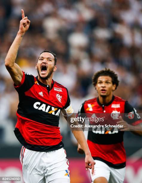 Rever of Flamengo celebrates their first goal during the match between Corinthians and Flamengo for the Brasileirao Series A 2017 at Arena...