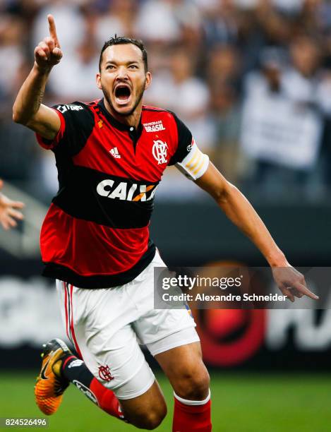 Rever of Flamengo celebrates their first goal during the match between Corinthians and Flamengo for the Brasileirao Series A 2017 at Arena...