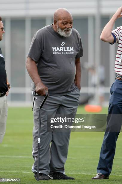 Hall of Fame fullback Jim Brown of the Cleveland Browns watches drills during a training camp practice on July 28, 2017 at the Cleveland Browns...
