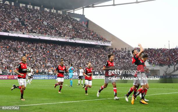 Rever of Flamengo celebrates with his team mates their first goal during the match between Corinthians and Flamengo for the Brasileirao Series A 2017...