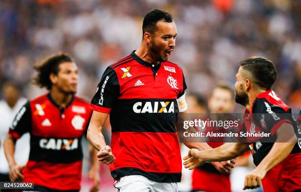 Rever of Flamengo celebrates their first goal during the match between Corinthians and Flamengo for the Brasileirao Series A 2017 at Arena...