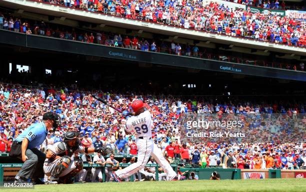 Adrian Beltre of the Texas Rangers hits his 3,000 Major League Baseball career hit in the fourth inning against the Baltimore Orioles at Globe Life...