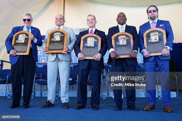Bud Selig, Ivan Rodriguez, John Schuerholz, Tim Raines and Jeff Bagwell pose for a photo at Clark Sports Center during the Baseball Hall of Fame...