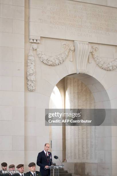 Britain's Prince William, Duke of Cambridge, delivers a speech at the Last Post ceremony at the Commonwealth War Graves Commission Ypres Memorial at...