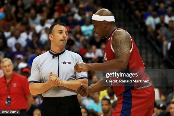 Bonzi Wells of Tri-State reacts after a call during the game against the 3 Headed Monsters during week six of the BIG3 three on three basketball...