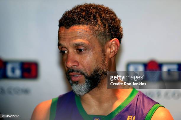 Mahmoud Abdul-Rauf of the 3 Headed Monsters speaks to the media during week six of the BIG3 three on three basketball league at American Airlines...