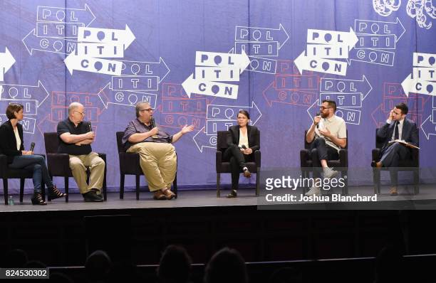 Kasie Hunt, Frank Rich, David Mandel, Clea Duvall, Tim Simons and Ari Melber at the 'Meet Veep!' panel during Politicon at Pasadena Convention Center...