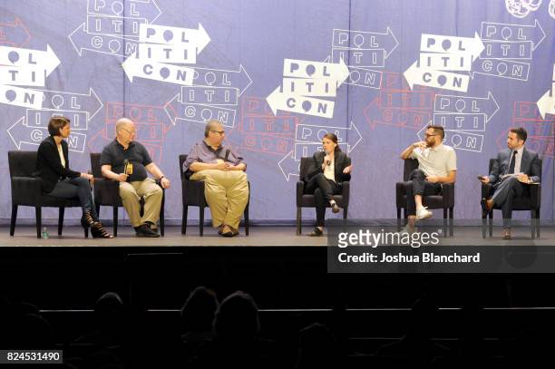 Kasie Hunt, Frank Rich, David Mandel, Clea Duvall, Tim Simons and Ari Melber at the 'Meet Veep!' panel during Politicon at Pasadena Convention Center...