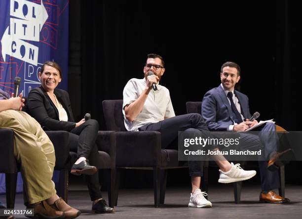 Clea Duvall, Tim Simons and Ari Melber at the 'Meet Veep!' panel during Politicon at Pasadena Convention Center on July 30, 2017 in Pasadena,...