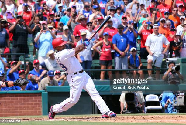 Adrian Beltre of the Texas Rangers hits his 3000th Major League Baseball career hit in the fourth inning against the Baltimore Orioles at Globe Life...
