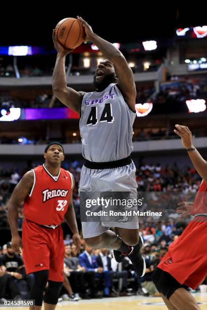 Ivan Johnson of the Ghost Ballers attempts a shot against the Trilogy during week six of the BIG3 three on three basketball league at American...