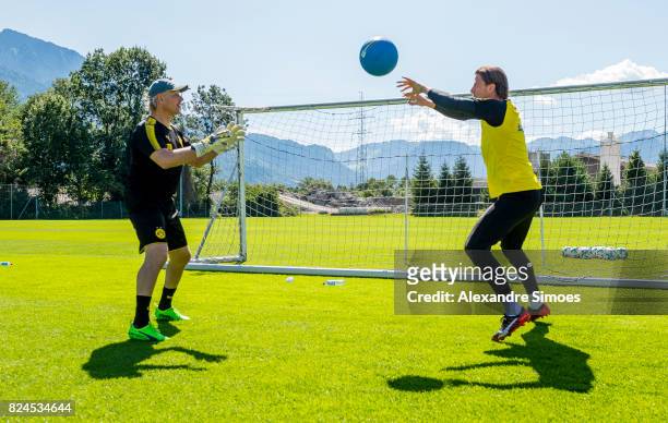 Goalkeeper Roman Weidenfeller with Wolfgang ÒTeddyÒ de Beer of Borussia Dortmund in action during a training session as part of the training camp on...