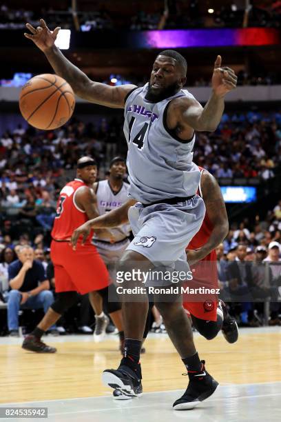 Ivan Johnson of the Ghost Ballers loses control of the ball against the Trilogy during week six of the BIG3 three on three basketball league at...