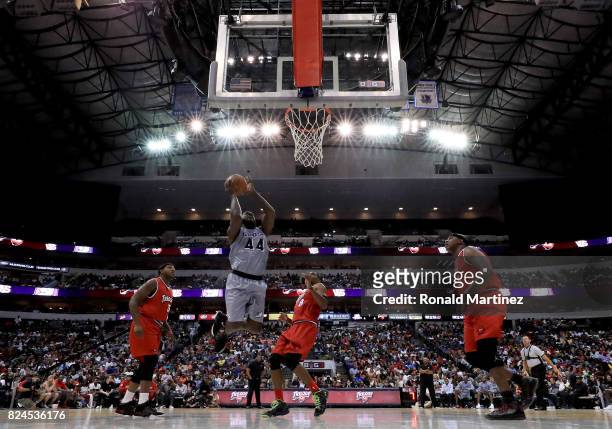Ivan Johnson of the Ghost Ballers attempts a shot against the Trilogy during week six of the BIG3 three on three basketball league at American...