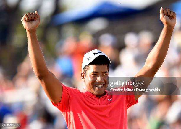 Jhonattan Vegas of Venezuela reacts to his winning putt during a sudden death playoff during the final round of the RBC Canadian Open at Glen Abbey...