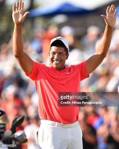 Jhonattan Vegas of Venezuela reacts to his winning putt during a sudden death playoff during the final round of the RBC Canadian Open at Glen Abbey...