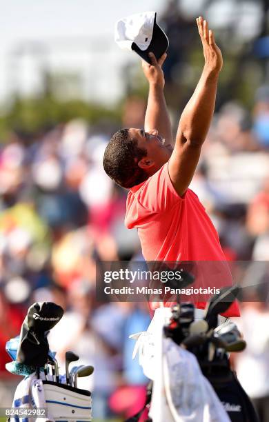 Jhonattan Vegas of Venezuela reacts to his winning putt during a sudden death playoff during the final round of the RBC Canadian Open at Glen Abbey...