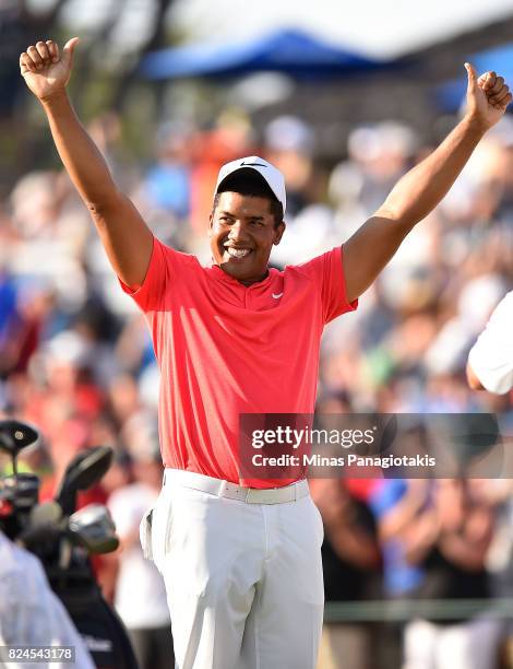 Jhonattan Vegas of Venezuela reacts to his winning putt during a sudden death playoff during the final round of the RBC Canadian Open at Glen Abbey...