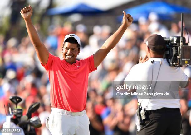 Jhonattan Vegas of Venezuela reacts to his winning putt during a sudden death playoff during the final round of the RBC Canadian Open at Glen Abbey...