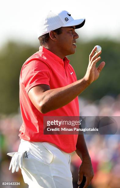 Jhonattan Vegas of Venezuela reacts to his winning putt during a sudden death playoff during the final round of the RBC Canadian Open at Glen Abbey...