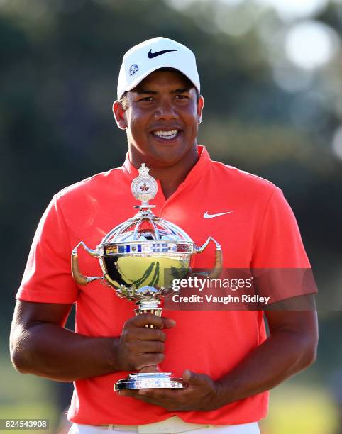 Jhonattan Vegas of Venezuela poses with the trophy following the final round of the RBC Canadian Open at Glen Abbey Golf Club on July 30, 2017 in...