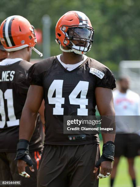 Defensive lineman Nate Orchard of the Cleveland Browns stands on the field during a training camp practice on July 28, 2017 at the Cleveland Browns...