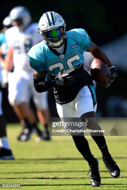 Carolina Panthers cornerback Daryl Worley runs back an interception during practice on Sunday, July 30, 2017 at Wofford College in Spartanburg, S.C.