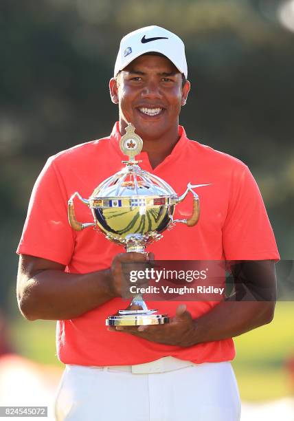 Jhonattan Vegas of Venezuela poses with the trophy following the final round of the RBC Canadian Open at Glen Abbey Golf Club on July 30, 2017 in...