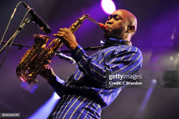 Seun Kuti and Egypt 80 headline on stage during Day 4 of the Womad Festival at Charlton Park on July 30, 2017 in Wiltshire, England.