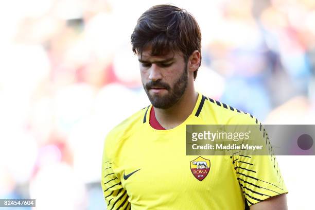 Alisson Becker reacts during the second half against Juventus during the International Champions Cup 2017 match at Gillette Stadium on July 30, 2017...