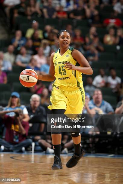 Noelle Quinn of the Seattle Storm handles the ball against the Minnesota Lynx on July 30, 2017 at Xcel Energy Center in St. Paul, Minnesota. NOTE TO...