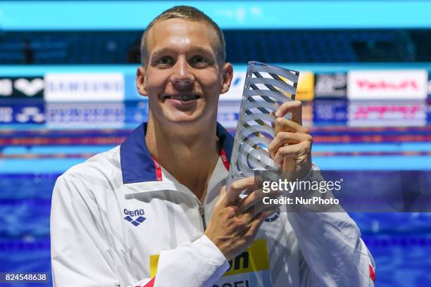The Gold medalist in the men's 50m freestyle Caeleb Remel Dressel poses at the FINA World Championships in Budapest, Hungary on July 30, 2017.