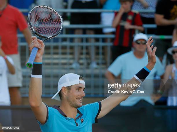 John Isner reacts after defeating Ryan Harrison during the BB&T Atlanta Open at Atlantic Station on July 30, 2017 in Atlanta, Georgia.