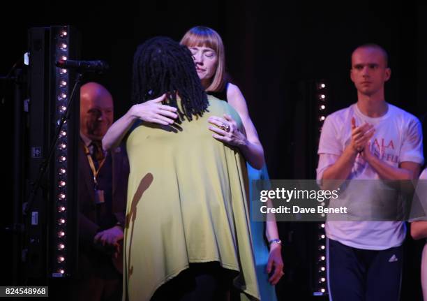 Grenfell community members Judy Bolton and Melanie Phelan speak onstage at the curtain call during the 'Gala For Grenfell', bringing together a host...