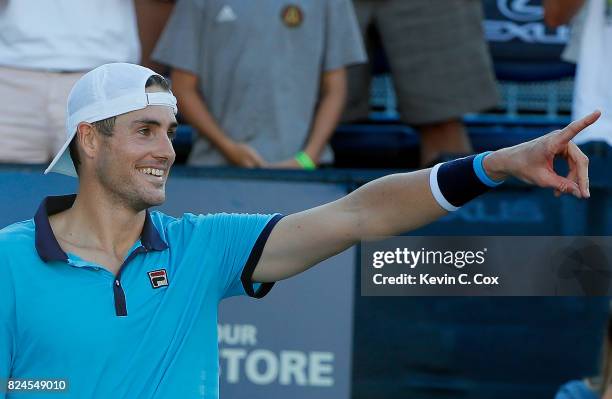 John Isner reacts after defeating Ryan Harrison during the BB&T Atlanta Open at Atlantic Station on July 30, 2017 in Atlanta, Georgia.