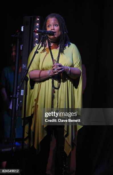 Grenfell community member Judy Bolton speaks onstage at the curtain call during the 'Gala For Grenfell', bringing together a host of the world's...