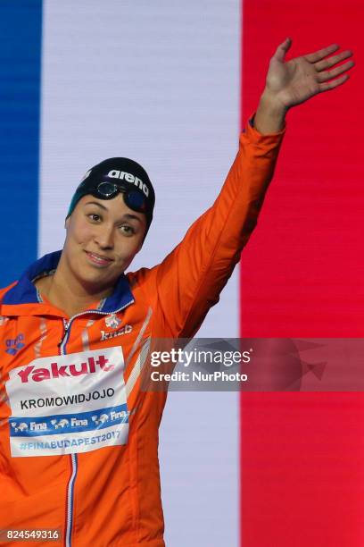 Ranomi Kromowidjojo of the Netherlands celebrates her Silver Medal in the Women's 50m Freestyle Final on day seventeen of the Budapest 2017 FINA...