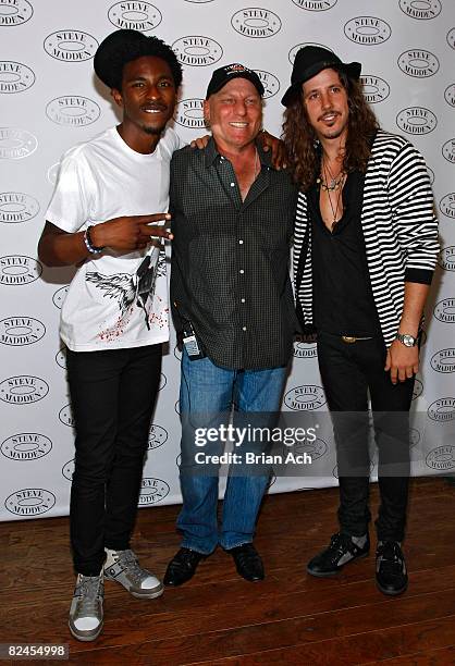 Musician Shwayze, shoe designer Steve Madden and musician Cisco Adler of musical group Shwayze at the Steven by Steve Madden Store on August 18 in...