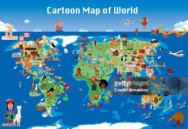 stockillustraties, clipart, cartoons en iconen met cartoon kaart van de wereld - kind dier