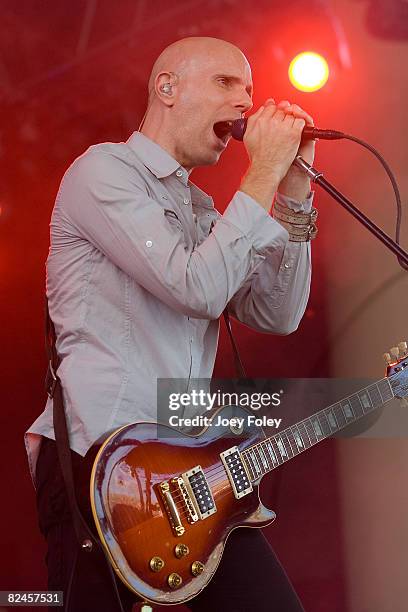 Billy Howerdel of Ashes Divide performs live in concert during the Projekt Revolution Tour at the Verizon Wireless Music Center on August 17, 2008 in...