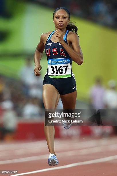 Allyson Felix of the United States competes in the Women's 200m Heats held at the National Stadium on Day 11 of the Beijing 2008 Olympic Games on...