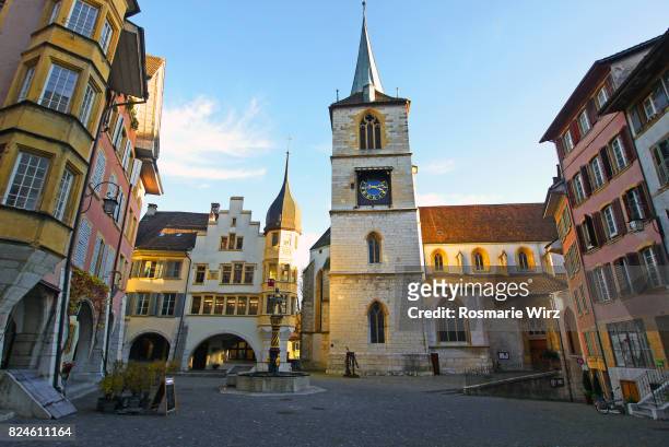 swiss town of bienne,  market square of old city center - bern clock tower stock pictures, royalty-free photos & images