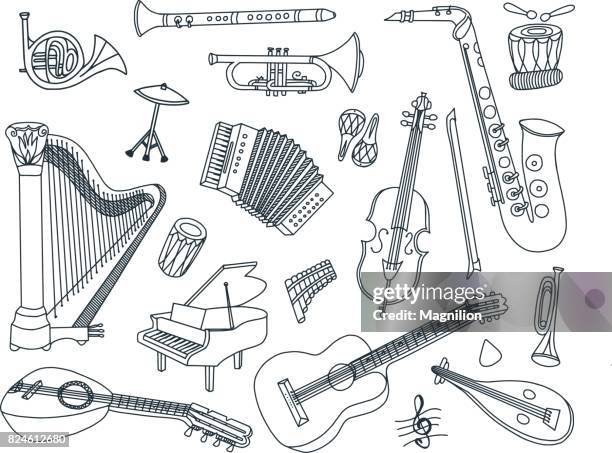 illustrazioni stock, clip art, cartoni animati e icone di tendenza di doodles strumenti musicali - musical instrument