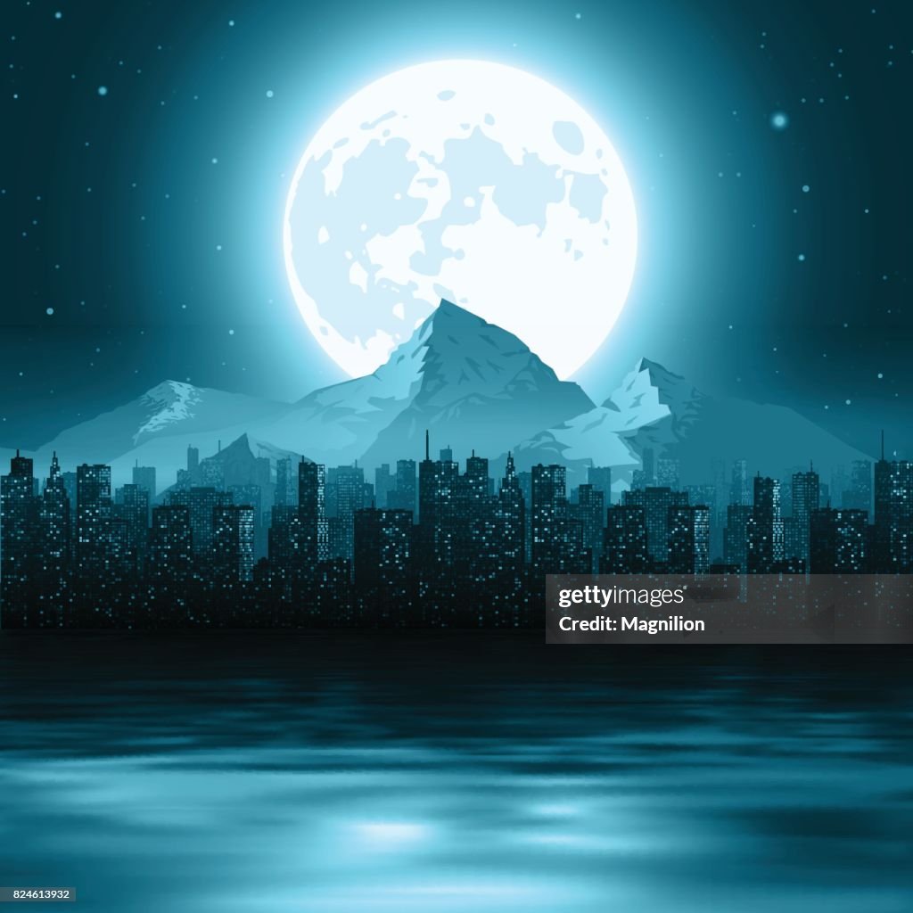 A Cityscape with Mountains on the Horizon by the Water at Night