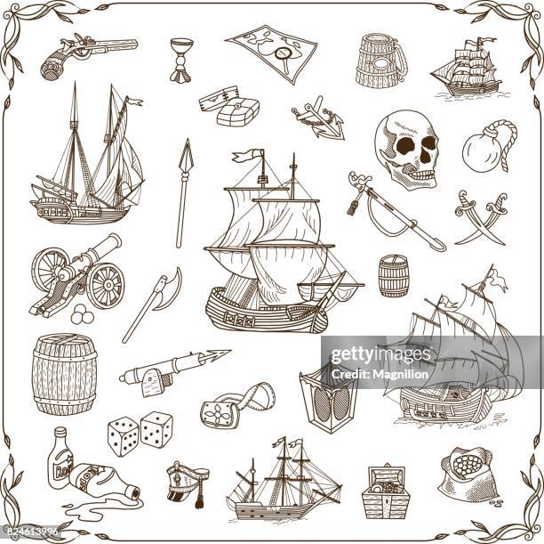 ilustraciones, imágenes clip art, dibujos animados e iconos de stock de mar conjunto de garabatos de - pirate ship