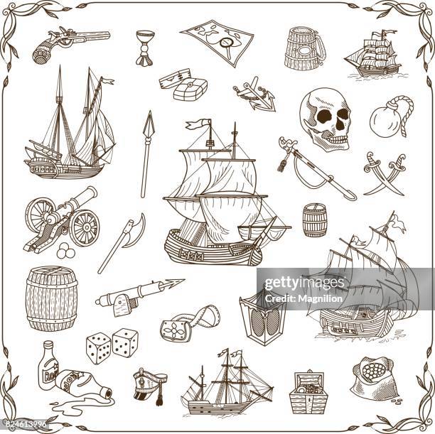 illustrations, cliparts, dessins animés et icônes de la mer et crayonnages ensemble - galleon